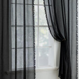 1 x Brand New MIULEE curtains with pompoms - pretty black transparent curtains for children s rooms girls, 2 pieces curtain with pompoms with rod pull-through, transparent curtain with pompoms, each H 245 x W 140cm - RRP €31.75