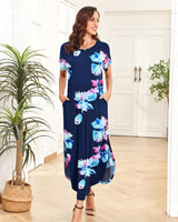 3 x Brand New AUSELILY Women s Summer Maxi Dress Short Sleeve Summer Dress Casual Dress Long with Slit Beach Dress T-Shirt Dress with Pockets Floral Navy Pink M - RRP €66.72