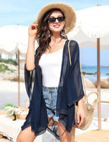 10 x Brand New Irevial Summer Cardigan Ladies Lightweight Beach Jacket Women L Bikini Cover Loose Cardigan With Lace 3 4 Sleeve Casual Boho Beach Poncho Pareo Beachwear Navy Blue - RRP €100.7