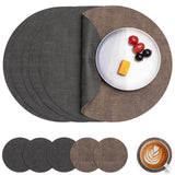 1 x RAW Customer Returns Myir JUN Placemats Washable Leather and Coasters, Double-Sided Placemats Round Diameter 36cm Set of 6 Non-Slip Glass Coasters Placemats Leather Faux Leather Placemat Grey Brown, Set of 6  - RRP €25.9