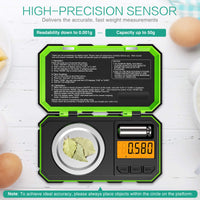 1 x RAW Customer Returns ORIA digital scales milligram scales, 50g 0.001g pocket scales, jewelry scales, precision scales with tare function, portable mini scales with 50g calibration weights and tweezers, LCD display - green - RRP €19.15