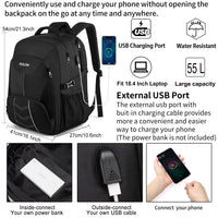 1 x RAW Customer Returns Extra Large Backpack Men 55L Waterproof 18.4 Inch Laptop Bag Work Laptop with USB Charging Port Anti Theft Business Travel School Backpack for Men Women Boys Teenagers Black - RRP €47.66