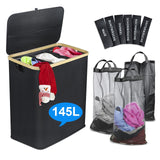 1 x RAW Customer Returns HANNELORE 3 Compartment Laundry Hamper, 145L, Dirty Laundry Basket, 3 Compartments with Lid, Handles, Foldable Laundry Hamper, Removable Laundry Basket, Black - RRP €22.8