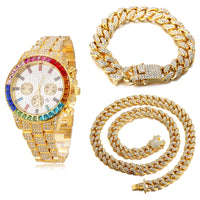 1 x RAW Customer Returns Halukakah Gold Watch Diamonds Multicolor,Men s 18K Real Gold Plated 40MM Wide White Dial Quartz Bracelet 21cm with Cuban Chain 20 45cm Necklace Bracelet,Free Gift Box - RRP €56.99