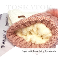 1 x RAW Customer Returns TOSKATOK Women s Winter Rib Pearl Beanie Bobble Hat with Warm Cozy Fleece Liner Large Faux Fur with Pom Poms Cream Set - RRP €27.6