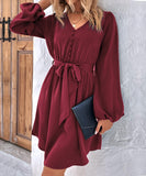 1 x RAW Customer Returns Yageshark Dresses for Women Mini Dress Long Sleeve V-Neck Solid Color Shirt Dress Elegant Casual Women Dress Wine, L  - RRP €26.99