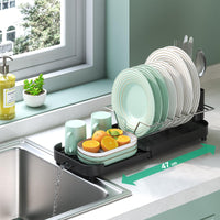 1 x RAW Customer Returns Urackify Small Dish Drying Rack, Expandable Compact Dish Drainer with Cutlery Holder, Slim Dish Rack with Drain for Kitchen Counter, Space Saving Plate Rack for Sink - RRP €18.14