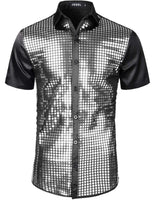 1 x RAW Customer Returns JOGAL Men s Sequin Short Sleeve Disco Shirt, Black Silver, M - RRP €31.99