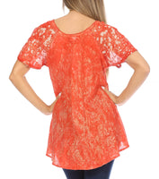 1 x Brand New Sakkas 16482 - Ash Speckled Tiedye Embroidered Cap Sleeve Blouse Top with Embroidery Hem - Brick - OS - RRP €26.21