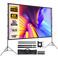 1 x RAW Customer Returns Projector screen 150 inches with foldable stand, LEORFI outdoor-indoor projection screen HD 16 9, portable film screen with carrying bag, height adjustable, for camping and home cinema - RRP €149.99