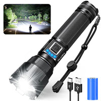 1 x RAW Customer Returns PUAIDA Flashlight LED Rechargeable, 10000 Lumen Extremely Bright LED Flashlight Battery Operated with Power Bank and 5 Modes, IP65 Waterproof Flashlight Zoomable with Battery for Outdoor Camping Emergencies - RRP €19.99