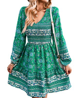 1 x Brand New BebreezChic Women s Dresses Boho Mini Dresses Long Sleeve V-Neck Tunic Vintage High Waist Pleated Party Dress Beach Dresses Green M - RRP €40.96