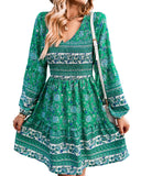 1 x Brand New BebreezChic Women s Dresses Boho Mini Dresses Long Sleeve V-Neck Tunic Vintage High Waist Pleated Party Dress Beach Dresses Green S - RRP €41.34