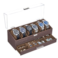 1 x RAW Customer Returns Hzuaneri Watch Box with 6 Compartments, Watch Box with Large Acrylic Lid, Removable Watch Cushion, 2 Tier Jewelry Box Organizer, Gift for Loved One, Brown WBA076210K - RRP €20.16