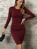 1 x RAW Customer Returns Missufe Casual Dress Bodycon Tight Figure-hugging Pencil Dress Women s Knee-Length Dresses Wine Red, Small  - RRP €30.99