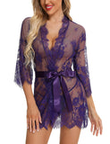 1 x Brand New BESDEL Women s Lace Kimono with Eyelashes Babydoll Lingerie Long Sleeve Mesh Nightgown with Thong Purple XL - RRP €24.0