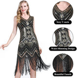 1 x RAW Customer Returns FEPITO 1920s V-Neck Sequin Fringe Dress with 20s Accessories black and gold style 2 , Large  - RRP €38.59