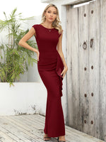 1 x RAW Customer Returns Missufe Bodycon Cocktail Wedding Formal Ball Gown Women Maxi Evening Dresses Cap Sleeve Ruffle Slit Mermaid Dress Burgundy, X-Large  - RRP €44.99