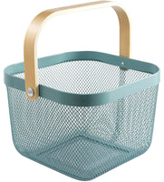 1 x RAW Customer Returns HOJKMA Mesh Steel Storage Basket with Wooden Handle, Multifunctional Metal Wire Hanging Kitchen Baskets Fruit Basket Ideal for Kitchen, Bathroom, Pantry, Closet, Shopping, Green - RRP €19.15