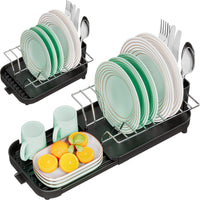 1 x RAW Customer Returns Urackify Small Dish Drying Rack, Expandable Compact Dish Drainer with Cutlery Holder, Slim Dish Rack with Drain for Kitchen Counter, Space Saving Plate Rack for Sink - RRP €18.14