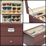 1 x RAW Customer Returns Kurtzy Brown Faux Leather Sunglasses Organizer - Glasses Case 12 Compartments - 2 Levels with Closure to Store Display Your Glasses - Box for Glasses, Watches, Jewelry - Men and Women - RRP €45.99