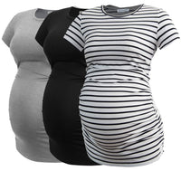 1 x RAW Customer Returns Smallshow Women s Maternity Tops Side Gathered Maternity Tops 3 Pack Black Grey White Stripe XL - RRP €43.99