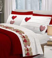 1 x Brand New Linen Store Single Bed Sheet Set Bears and Hearts Complete Single Bed Cotton Made in Italy Top sheet 160x300 bottom sheet with corners 90x200 Pillowcase 52x82 - Red - RRP €44.9