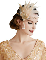 1 x RAW Customer Returns BABEYOND 1920s Style Women s Feather Headband Flapper Art Deco Inspired by Great Gatsby Leaf Flashing Crystals Hairband Champagne  - RRP €16.93