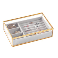 1 x RAW Customer Returns HCENJOC Golden Vintage Clear Glass Jewelry Box with Gray Velvet Organizer 21 x 13.5 x 5 cm  - RRP €39.26