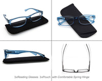 1 x RAW Customer Returns Pack of 3 reading glasses 1.5 men women, good glasses, high quality, rectangular, comfortable, great reading aid, for men and women, 3 blue  - RRP €18.1