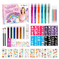 8 x Brand New DAOUZL Glitter Tattoo Set Children, Tattoo Pens, Temporary Glitter Tattoo for Girls, Glitter Tattoo with 6 Colors, 80 Stencils, 2 Brushes Etc., Glitter Tattoos for Children, Gifts for Girls from 3 - RRP €91.12