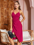 1 x RAW Customer Returns Missufe Midi Dress Cocktail Dress Wrap Dress Summer Dress Party Dress Women s Festive Elegant Bodycon Wedding Evening Dresses Sleeveless Spaghetti Strap Dresses Hot Pink, X-Small  - RRP €47.99