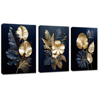 1 x RAW Customer Returns 3 pieces canvas pictures with frame, navy blue, gold, flowers, coconut leaf, picture on canvas, wall art, wall pictures, art print, decoration for living room, bedroom, ready to hang, 90 x 40 cm 30 x 40 x 3  - RRP €37.74