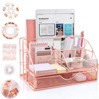 1 x RAW Customer Returns ARCOBIS Desk Organizer and 72 Metal Accessories, Large Rose Gold Office Organizer with 6 Compartments 1 Drawer, Mesh Pen Holder Desk for Office, School and Household, 18d x 15w x 26h cm - RRP €23.18