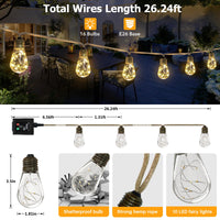 1 x RAW Customer Returns AGOTD Solar Fairy Lights Outdoor With 16 Bulbs, 6M Vintage Solar Fairy Lights with Hemp Rope, Solar Fairy Lights Outdoor Weatherproof with 8 Modes Decoration for Gardens, Party, Balcony, Wedding Warm White  - RRP €28.99