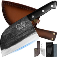 1 x RAW Customer Returns Handmade Forged High Carbon Steel Butcher Knife with Leather Knife Sheath - RRP €47.99