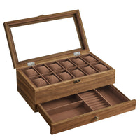 1 x RAW Customer Returns SONGMICS Watch Box with 12 Compartments, Solid Wood Watch Case with Glass Lid, Watch Pillow, Jewelry Storage, Gift for Your Loved Ones, Walnut JOW012K01 - RRP €38.99