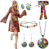 1 x RAW Customer Returns Sealilac Hippie costume for women, hippie dress, Schlagermove outfit for women with hippie glasses, hairband, flower garland, necklace, earrings, for carnival parties, disco parties, retro theme parties XL  - RRP €26.65