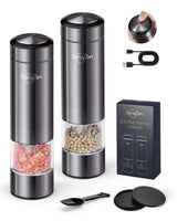 1 x RAW Customer Returns Sangcon Electric Pepper and Salt Mill Set - USB Rechargeable - Automatic Black Peppercorn and Sea Salt Spice Mill Set with Adjustable Coarseness - One Hand Operation - LED Light - RRP €29.5