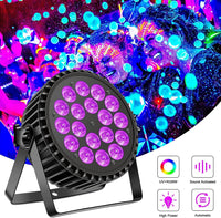 1 x RAW Customer Returns Ukfog 200W 18 LED Par UV RGB stage light spotlight, DMX512 disco light party light, 8CH par spotlight, strobe sound active mode lighting DJ light effect for show bar party music festival Halloween - RRP €72.99