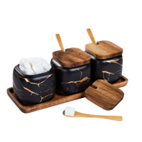 1 x RAW Customer Returns TELANKS Ceramic Sugar Bowl Set, 3pcs Condiment Box with Lid and Spoon and Tray, Spice Jar Kitchen Spice Jar Box, Kitchen Utensils Supplies for Spices, Black - RRP €27.22