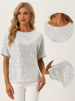 1 x RAW Customer Returns Allegra K Women s Sequin Tops Short Sleeve Round Neck Party Glitter Top Silver M - RRP €50.41