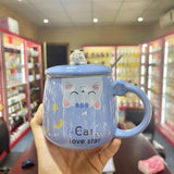 1 x RAW Customer Returns Ceramic Cat Coffee Mug with Lid and Spoon, Coffee Mug, Tea Mug, Water Mug 450ml, Cute Cat Decoration, Gift for Mother, Girlfriend, Christmas, Birthday Gift. Blue  - RRP €15.98