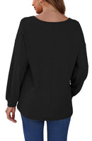 1 x Brand New WNEEDU Black Ladies Waffle Knit Sweater V-Neck Long Sleeve Tops with Decorative Buttons Casual Loose Tunic Shirts 2XL - RRP €24.0