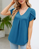 1 x Brand New Women s Summer Casual Short Sleeve Petal T-shirt V-Neck Chic Blouses Pleated Tunics 2023, A-Grey Blue, M - RRP €24.0