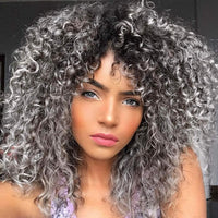 1 x RAW Customer Returns Colorfulpanda Afro Wig Gray Women s Ombre Silver Gray Synthetic Wavy Curly Natural Hair for Women, Kinky Curly with Bangs Short Wigs for Everyday Cosplay - RRP €26.21