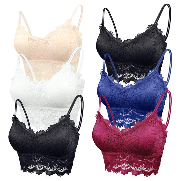 2 x Brand New FEOYA Women s Sports Bras Pack of 3 Lace Bra Top Set Without Underwire Push Up Yoga Bra for Women 6 Pieces White 2 Black Skin Color Blue Red, L  - RRP €73.98