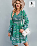 1 x Brand New BebreezChic Women s Dresses Boho Mini Dresses Long Sleeve V-Neck Tunic Vintage High Waist Pleated Party Dress Beach Dresses Green S - RRP €41.34