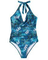 1 x RAW Customer Returns RXRXCOCO Swimsuit Women Tummy Control Push Up Shape Swimwear Halterneck Swimsuit Backless Blue Flowers XL - RRP €39.99