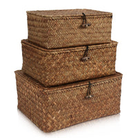 1 x RAW Customer Returns HUALIANG Wicker Basket with Lid, 3 Pieces Natural Woven Storage Basket, Multifunctional Storage Container for Toys, Cosmetics, Bathroom, Toilet Paper S M L  - RRP €33.99